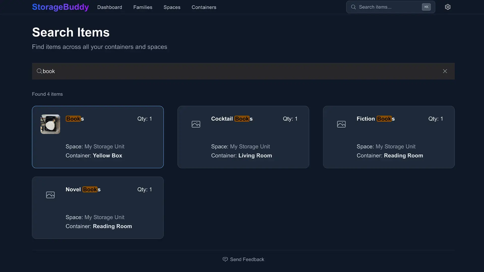 Search in Storage Buddy showing which container holds each item