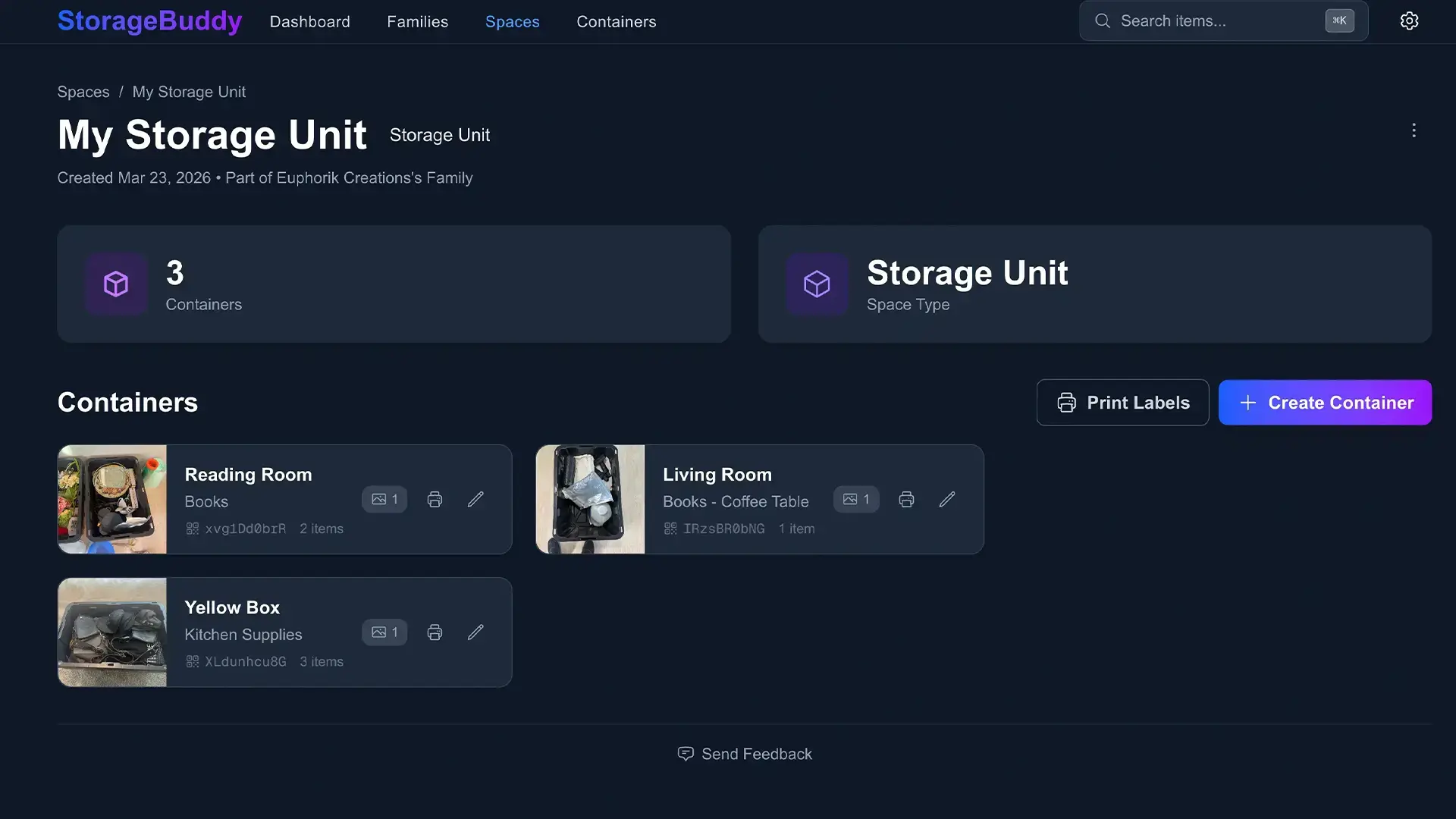 Organized storage spaces and containers